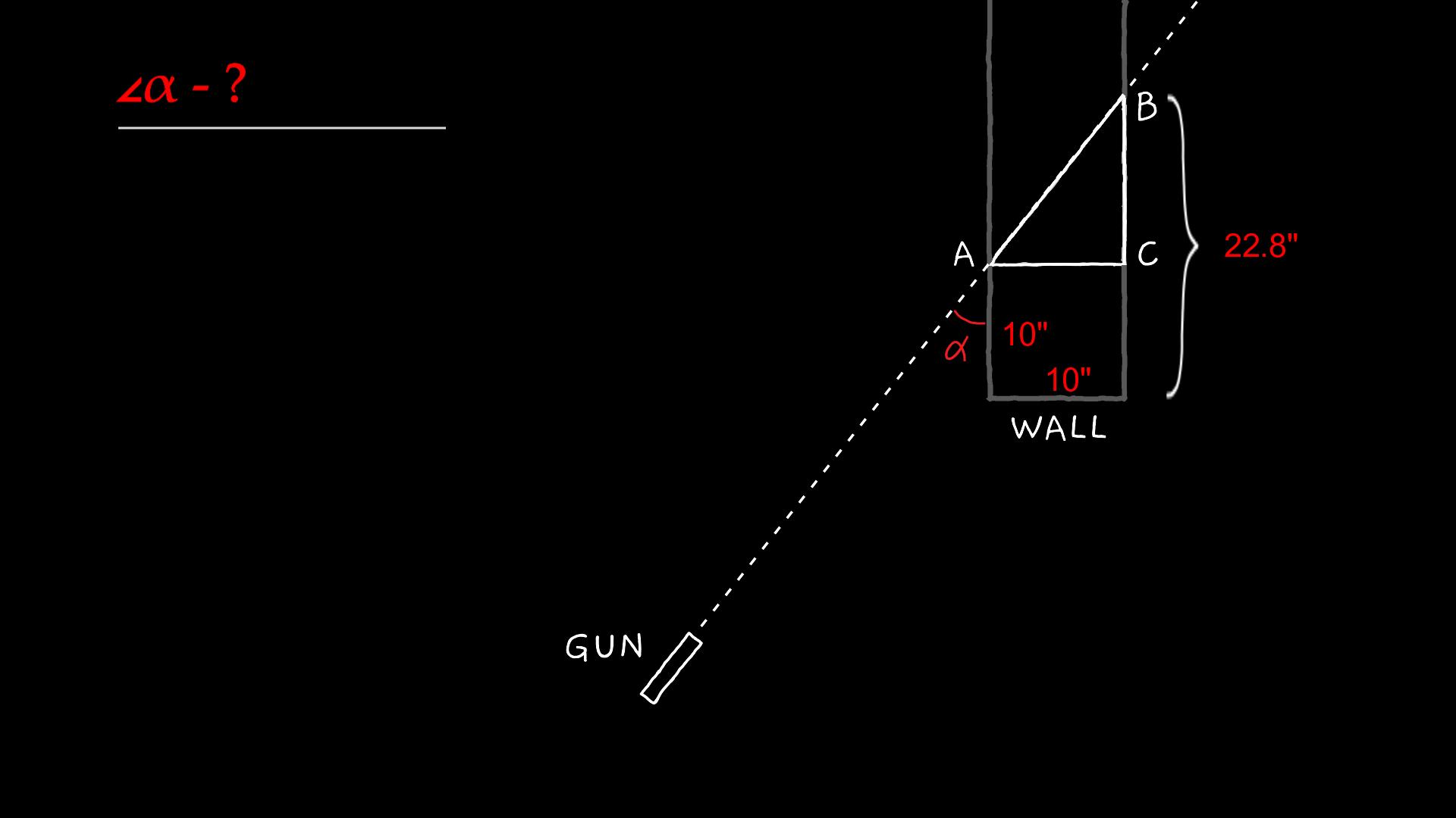 Top view of the shooting scene with the bullet path forming a hypotenuse AB in the right triangle ABC, where AC and BC are the legs.