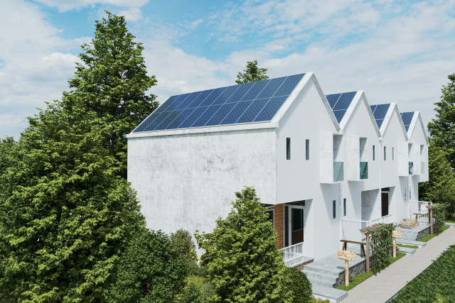 White terraced house with solar panels installed on the roof.