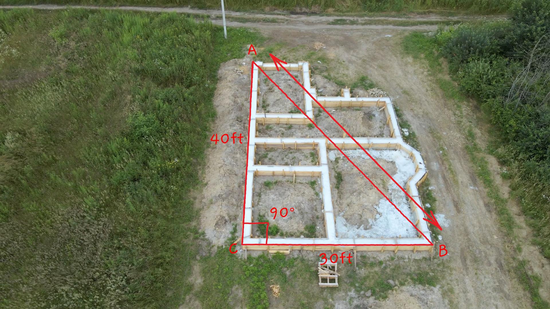 Foundation with sides of 30 and 40 ft. Right triangle is drawn on this foundation.