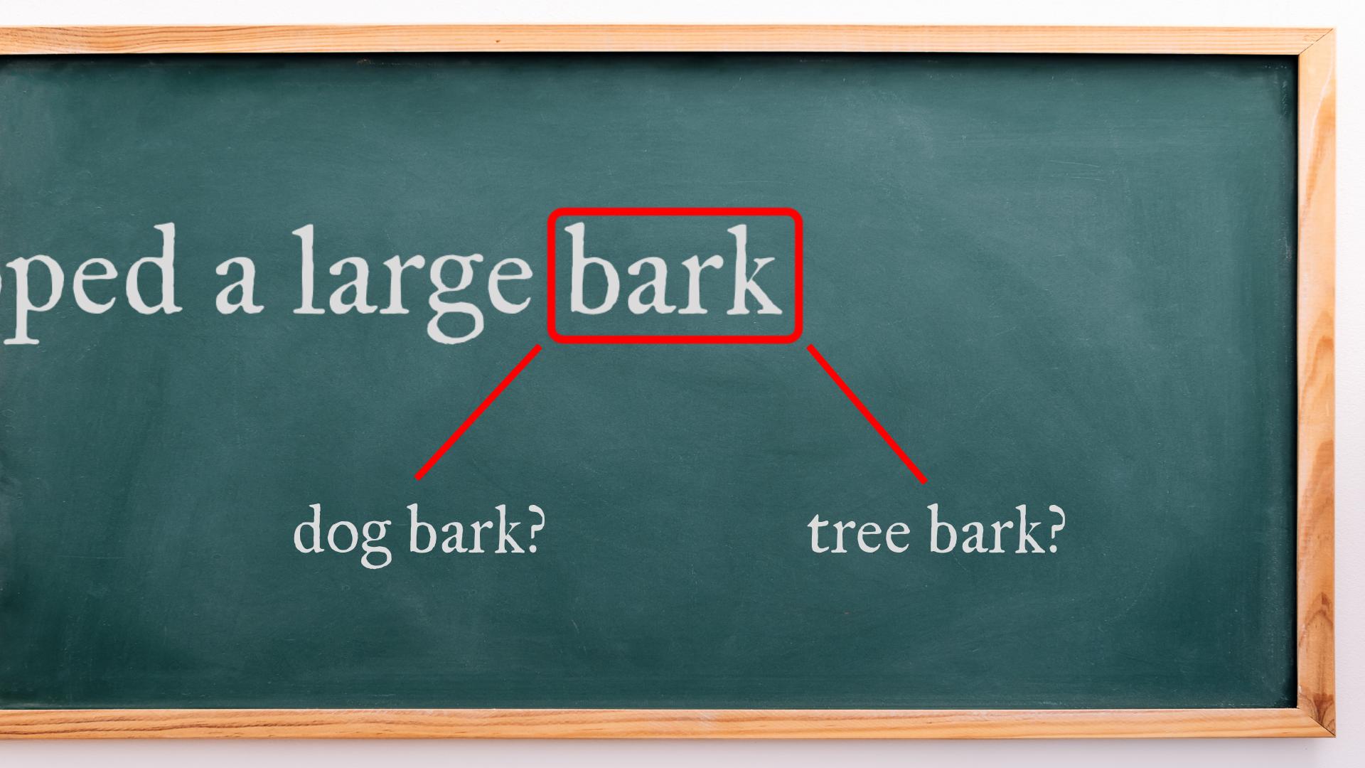 The word "bark" can mean both "dog bark" and "tree bark".