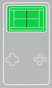 Game console with 2D tennis game on the screen.