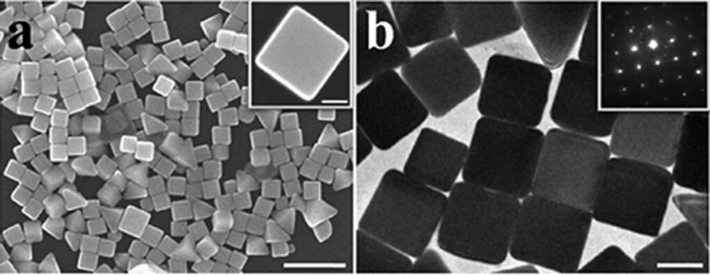 Two grayscale images displaying silver (Ag) nanoparticles in cube shapes.