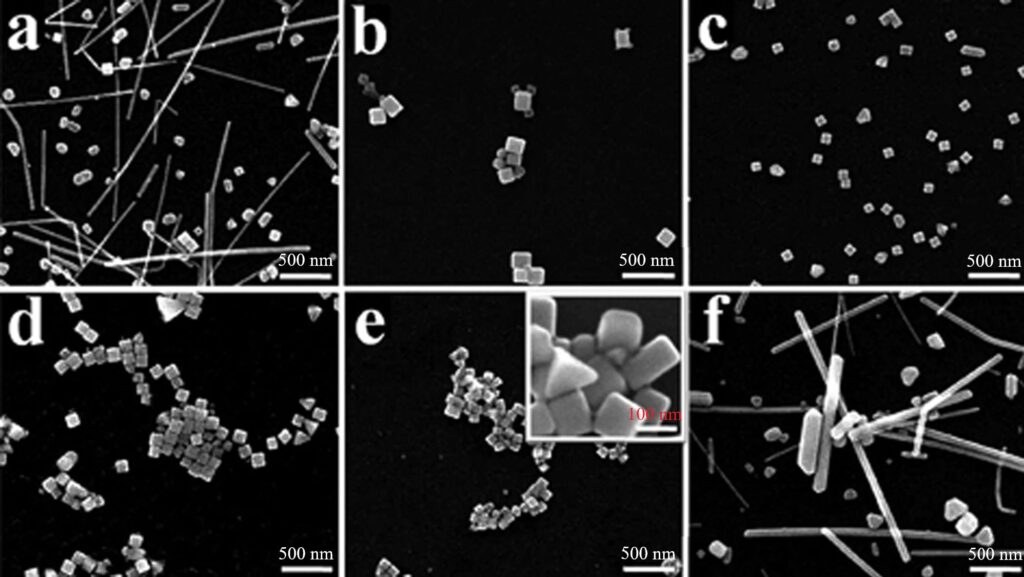 Six grayscale images displaying silver (Ag) nanoparticles in pyramid, wire, and cube shapes.