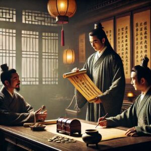 Ancient Chinese financial institution with three men drafting a money borrowing contract.