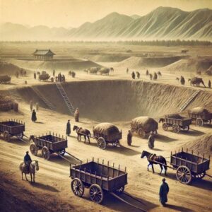 An atmospheric scene of an ancient Chinese earthwork site, showing several horse-drawn carts lined up along a road near a large pit.