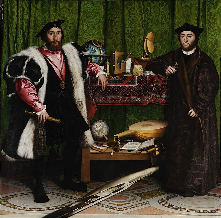 1533 painting The Ambassadors by Hans Holbein the Younger, depicting two men in elaborate Renaissance clothing standing beside a table filled with scientific instruments, globes, and books. An anamorphic skull appears distorted at the bottom of the painting, only visible clearly from an angle.