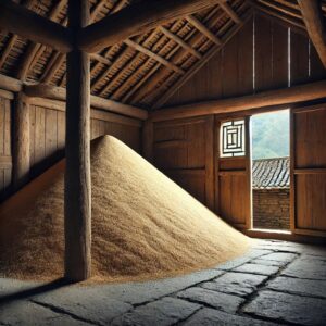 A pile of rice leaning against the corner inside an ancient Chinese barn.