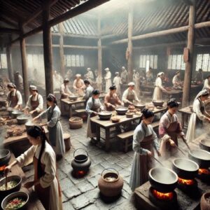 A bustling kitchen in an ancient Chinese public canteen, filled with a dozen mid-aged Chinese women.