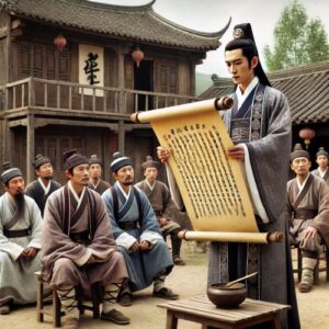 An ancient Chinese village scene where a civil service official dressed in traditional ceremonial robes is reading a government taxation proclamation.