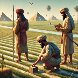 Three ancient Mesopotamian land surveyors, dressed in traditional robes and headgear, measuring an agricultural field.