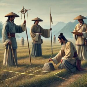 Four ancient Chinese land surveyors measuring an agricultural field, dressed in traditional Chinese attire from ancient times.