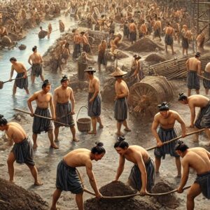 Hundreds of ancient Chinese workers, bare-chested, are engaged in large-scale earth digging near a river.