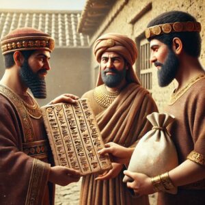 Three ancient Mesopotamian men making a money borrowing contract, including the government official, money lender, and borrower.