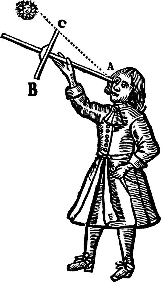 A male in medieval clothing holding a Jacob's staff up to his eye.