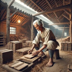 An ancient middle-aged Chinese man, barefoot and dressed in traditional attire, is working in a rustic barn. He is skillfully shaping and making roof tiles.