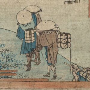 Three ancient Asian porters are walking along a road, carrying various loads.