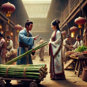 A scene in an ancient Chinese market where a Chinese man and woman are engaged in bargaining over a large bundle of bamboos.