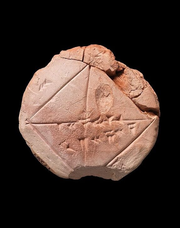 YBC 7289 clay tablet featuring ancient cuneiform inscriptions, showcasing mathematical calculations, including a table of squares and cubes.