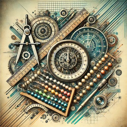 Illustration blending simple mathematical tools—such as a protractor, compass, ruler, and abacus—with an abstract time machine concept, giving an atmosphere of mathematical history merging with modern mathematics.