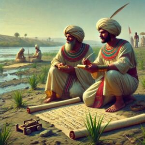 Two ancient Egyptian men sitting on the shore of the Nile River, holding papyrus scrolls and simple surveying instruments, performing calculations.