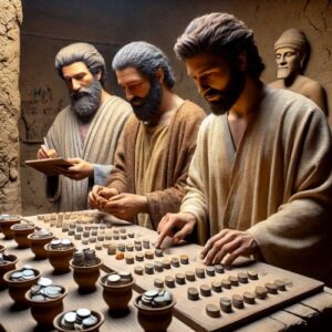 Three ancient Mesopotamian men standing behind a wooden benchtop, focused on calculating exchange rates. The benchtop holds several cups filled with silver and copper coins.