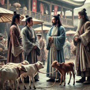 Three ancient Chinese men standing in a bustling ancient Chinese market, preparing to collectively buy a small herd of cattle.