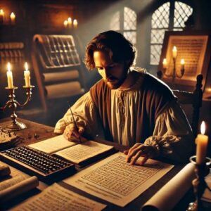 A scene depicting French mathematician François Viète in the late 16th century, set in a dimly lit study or library, surrounded by papers, immersed in deciphering the Spanish cryptographic code.