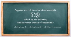 Green chalkboard with the text: "Suppose one rolls two dice simultaneously. Which of the following has a greater chance of happening? a) Getting the pair 5-6 b) Getting the pair 6-6 c) Both have the same chance" written on it.