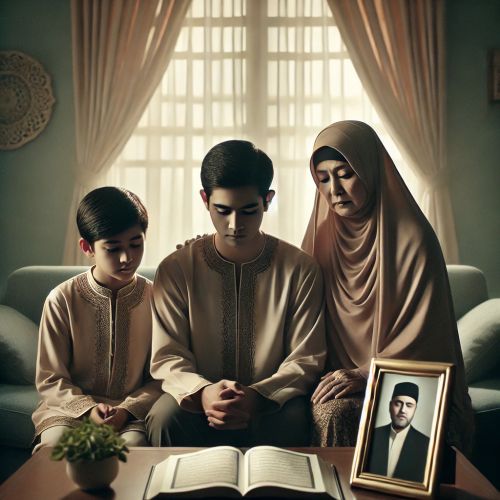 A somber indoor scene of an Islamic family in a quiet room, with a mid-aged mother and her sons reading a testament.