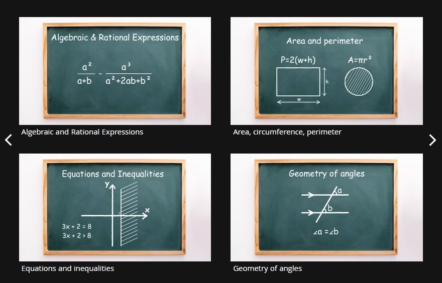 Four green chalkboards featuring mathematical topics such as "Algebraic and Rational Expressions," "Area and Perimeter," and others.