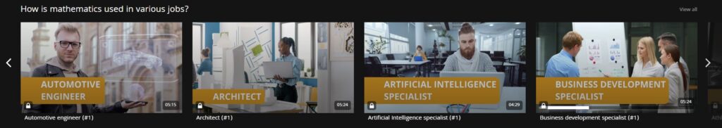 Four video thumbnails showcasing professions: "Automotive Engineer," "Architect," "Artificial Intelligence Specialist," and "Business Development Specialist."