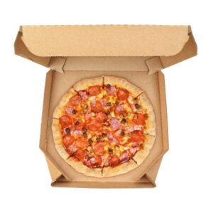 A round pizza inside a square cardboard box.