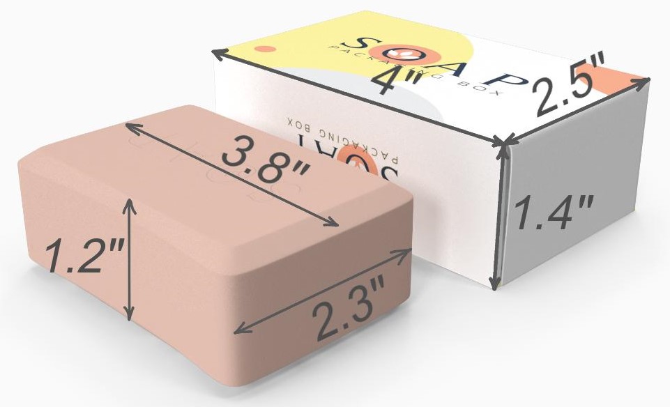 A bar of soap and its paperboard box, showing the dimensions of the soap (3.8” × 2.3” × 1.2”) and the box (4” × 2.5” × 1.4”).