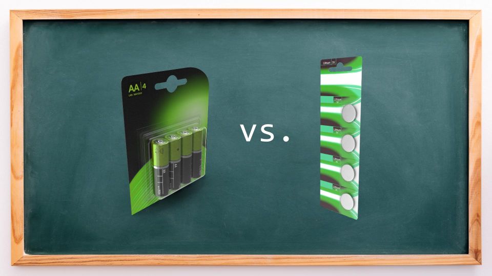 Two packages of batteries: one with four AA batteries and another with four coin cell batteries, each showcasing different packaging styles.