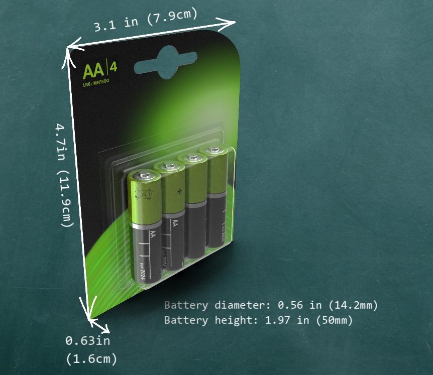 Blister pack containing four AA batteries, with dimensions of 4.7 x 3.1 x 0.63 inches. Each battery has a diameter of 0.56 inches and a height of 1.97 inches.