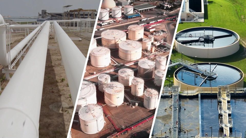 A collage of three images: a gas pipeline system, cylindrical agricultural or oil tanks, and large cylindrical reservoirs at a wastewater treatment facility, all showing real-world examples of cylinder-shaped structures.